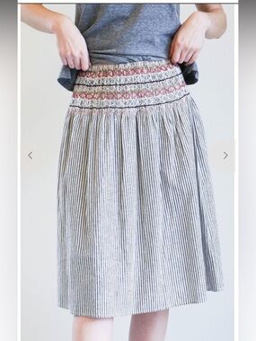 THE GREAT. Striped Midi Skirt with Smocked Embroidered Waist - Cream & Black